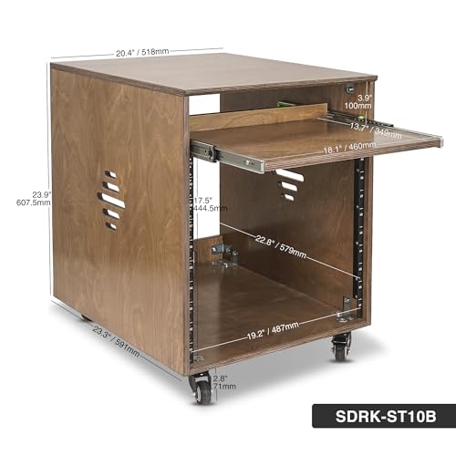 Sound Town 10U Solid Baltic Birch Plywood Studio Rack Desk with Slide-Out Tray, Rubber Feet, Casters, for Recording, Podcasts, Broadcasts, Streaming, Weathered Brown (SDRK-ST10B) - size: 10U, Weathered Brown w/ Tray