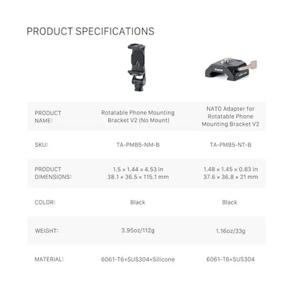 Tilta Rotatable Phone Mount with NATO Rail Connector for Tripod & Camera | Quick-Release | Adjustable Rotation | Compatible with iPhone, Camera Cages & Rig Accessories – Black - style: NATO Mount