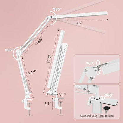 LED Desk Lamp, Manicure Table Lamp, 16" Lamp Head, Dimmable Eye-Caring Drafting Light with 3 Color Modes, 10 Brightness Levels & Adapter, Memory Function(White) - color: White