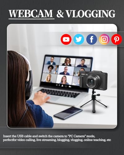 4K Digital Camera for Beginners & Teens, Autofocus Vlogging Camera with 180° Flip Screen, 18X Zoom, Easy-to-Use Compact Travel Camera, WiFi, 2 Batteries, 32GB Card - color: Black