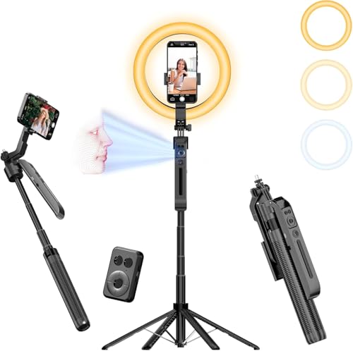 Auto Face Tracking Self Stick Tripod for iPhone with 10" Ring Light Hands-Free 360°Adjustable 70.9 Inch Smart Phone Stand with Remote for Content Creator Vlog Video Recording - size: Tracking Tripod with 10" Ring Light