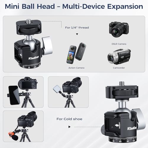 MI-1 Mini Ball Head – Compact 360° Rotating Camera Mount with 1/4" Screw, Cold Shoe Accessory Holder, 90° Tilt & 3/8" Adapter for DSLR, Mirrorless, Smartphones and Lighting Accessories