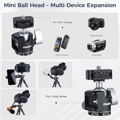 Universal 1/4" Mini Ball Head, Cold Shoe Mount, 360° Panoramic DSLR Camera Tripod Mount, 5.5lb Load, Aluminum Alloy, for Action Cam, Smartphone, Monitor, Microphone, LED Light, Vlog - style: MI-1