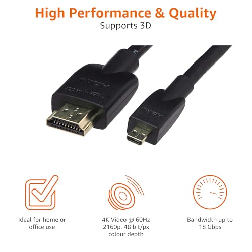 Amazon Basics Micro HDMI to HDMI Cable, 18Gbps High-Speed, 4K@60Hz, 2160p, 48-Bit Color, Ethernet Ready, 6 Foot, Black