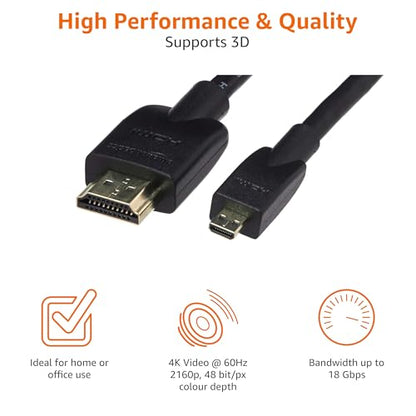 Amazon Basics Micro HDMI to HDMI Cable, 18Gbps High-Speed, 4K@60Hz, 2160p, 48-Bit Color, Ethernet Ready, 6 Foot, Black
