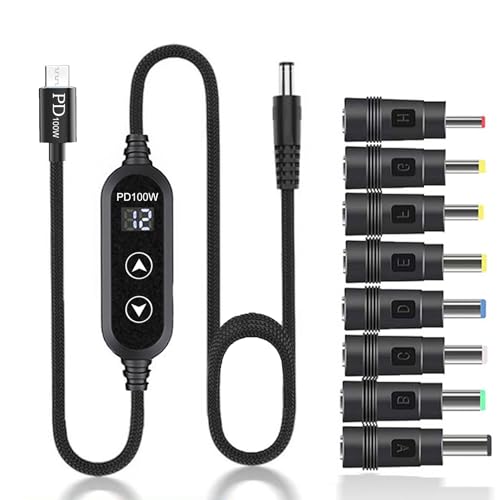 100W USB C to DC Charger, Barrel PD Trigger Cable with 8 DC Conversion Heads and LED Display Screen, DC 5V/9V/12V/15V/20V to DC Adapter Cable for Netbook, Tablets, Led Light, Routers (3.9ft) - color: Black-100W usb c to dc cable