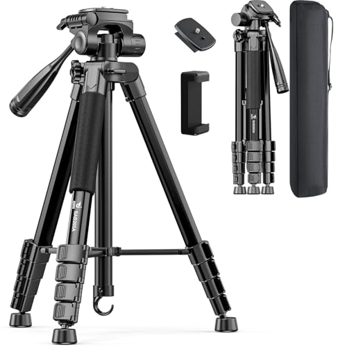 73" Camera Tripod for Camera and Phone, Aluminum Travel Tripod for iPhone, DSLR Tripod with Phone Holder, Quick Release Plate, Travel Bag, Compatible with GoPro Camcorder, 8.8 lbs Load - color: Black