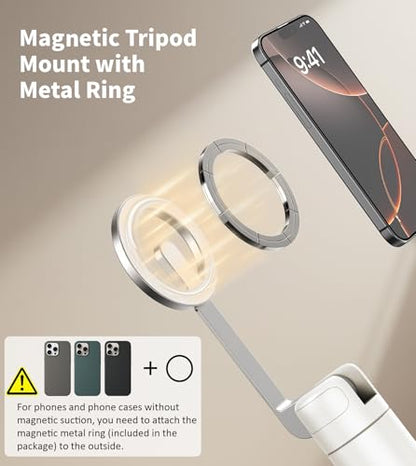 TONEOF 68" Magnetic Selfie Stick Tripod with Aluminum Strong Magnetic Holder for Magsafe, 360° Rotatable Travel Phone Tripod Stand with Metal Ring & Rechargeable Remote for iPhone/Android(Beige Gray) - color: Beige Gray