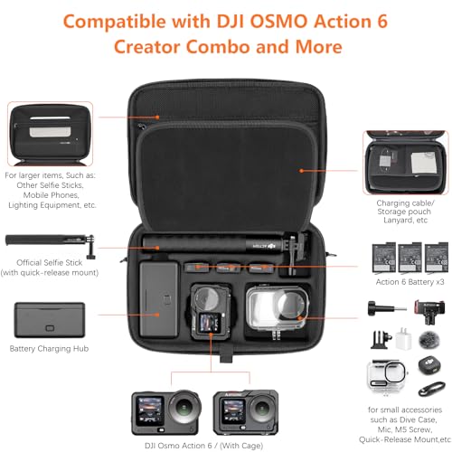 AMAZEAR Carrying Case for DJI Osmo Action 6 Accessories, Compact Hard Shell Carry Bag with Shoulder Strap, Portable Camera Case for Travel, Organization, Storage, Protection, Black