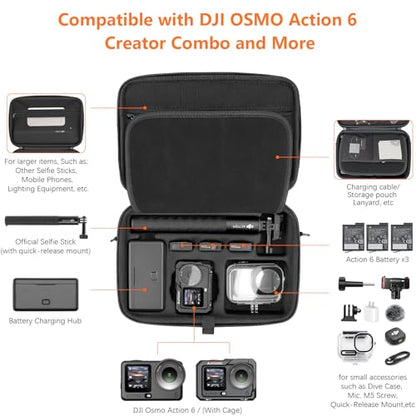 AMAZEAR Carrying Case for DJI Osmo Action 6 Accessories, Compact Hard Shell Carry Bag with Shoulder Strap, Portable Camera Case for Travel, Organization, Storage, Protection, Black