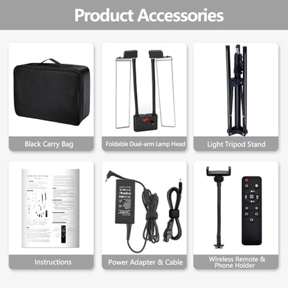 Selfie Light with 75'' Tripod Stand, Dimmable 3 Color LED Dual Arms Ring Light with Phone Holder & Carry Bag for Lash Tattoo Video Photography 45W 95CRI Tripod Floor Lamp