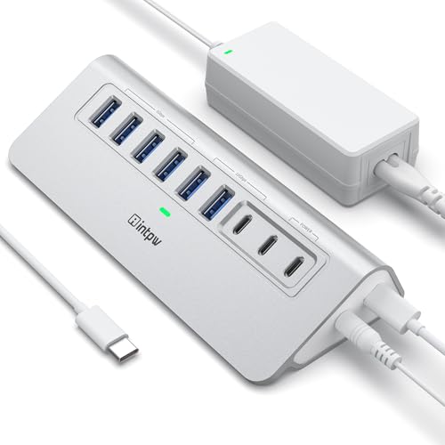 Powered USB Hub 10Gbps, intpw 9-Port USB 3.2 Hub, USB C Hub with USB A/USB C 3.2, 4 USB 3.0, 2 PD 45W Charging Ports, 65W Power Adapter and 3.3FT Cable, Aluminum USB Hub for PC,Laptop,iPhone 17/16/15 - color: Silver, size: 9 Port