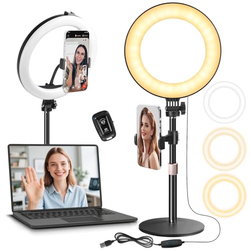 MACTREM 10“ Desk Ring Light with Stand, Desktop LED Circle Halo Light with Phone Holder for Computer Zoom Meeting, Laptop Light for Conference Video Calls, Live Streaming, Podcast, Selfie, Makeup - color: Black, size: 10Inch