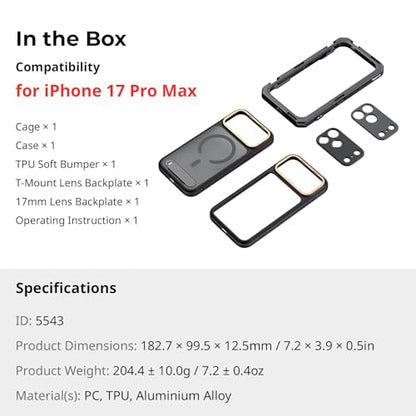 SMALLRIG Mobile Video Cage for iPhone 17 Pro Max, Flagship Edition | with Phone Case/TPU Soft Frame/T-Mount/ 17mm Threaded Lens Backplate, for Videography Recording Vlog - style: Flagship Cage