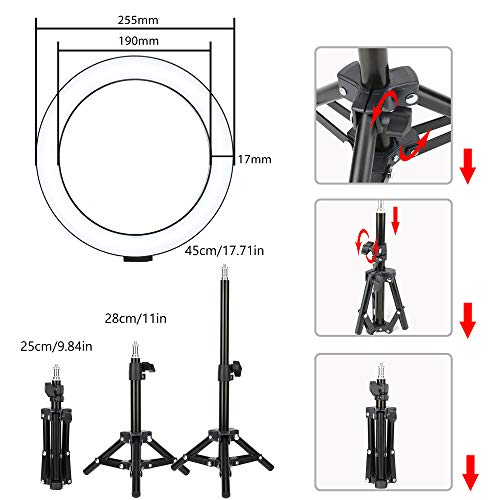 10" LED Selfie Ring Light with Tripod Stand & Cell Phone Holder for Tiktok/Live Stream/Makeup, BONFOTO Dimmable Desktop Camera Ringlight for YouTube Video/Photography Compatible with iPhone/Android