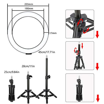 10" LED Selfie Ring Light with Tripod Stand & Cell Phone Holder for Tiktok/Live Stream/Makeup, BONFOTO Dimmable Desktop Camera Ringlight for YouTube Video/Photography Compatible with iPhone/Android