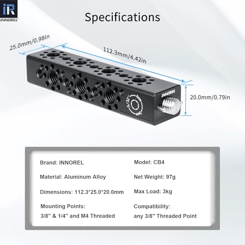 INNOREL CB4 CNC Aluminum Alloy Multi-Function Cheese Handle, Cheese Grip Extension Bar, Featuring 3/8" and 1/4" Arri Locating Holes for Camera Cage Frames, Cheese Plates, Any 3/8" Threaded Point - size: CB4