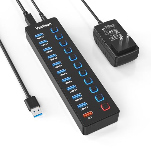 Powered USB Hub, 11-Port USB 3.0 Hub Splitter - 10 USB 3.0 Data Transfer Ports + 1 Smart Charging Port, USB Hub 3.0 Powered with Individual LED On/Off Switches and 5V/4A Power Adapter
