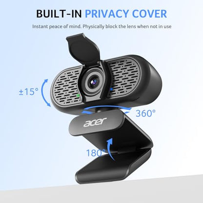 Acer 1080p Webcam USB Plug and Play Webcam for PC with Noise Cancellation Microphones Computer Camera for Desktop Streaming Gaming Online Meeting Wide Angle Privacy Cover A-to-C Adapter Easy Setup - color: Black