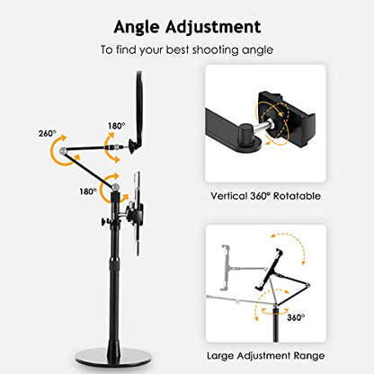 SupeDesk Selfie Ring Light Phone Tablet Stand, 8" LED, 3-in-1, Overhead Phone Stand, Compatible with 4.5-13" Phone&Tablet, Adjustable Long Arm, YouTube/Tiktok Video, Zoom, Live Stream