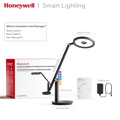 Honeywell Desk Lamp for Home Office, H6 Sunturalux™ Eye-Caring Led Desk Light, 800LM Dimmable Desk Lamp with Timer, Touch Control Tall Desk Reading Light, Table Lamp for Circle Webcam, Study, Bedroom - color: Black