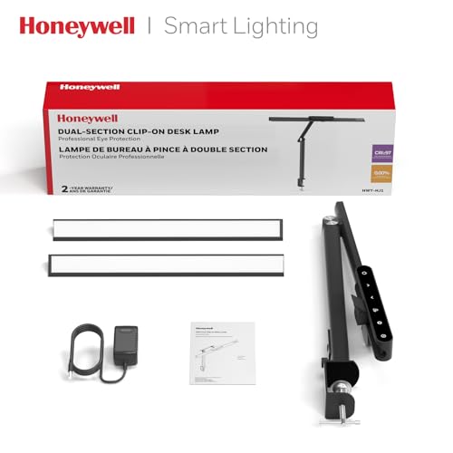 Honeywell LED Desk Lamp with Clamp - HJ1 Sunturalux Eye-Caring Clip on Lights for Home Office, 1200LM Clamp Lamp 4 Color Modes Stepless Dimming Task Desk Light for Working Black - style: Black Clamp