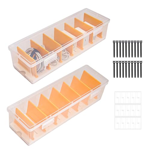 Klmnop 2 Pack Cable Organizer Box with 20 Wire Ties 30 Cable Labels, Clear Plastic Cord Storage Box with Lid, Phone Charger Organizer for Home Office Desk Drawer(Clear)