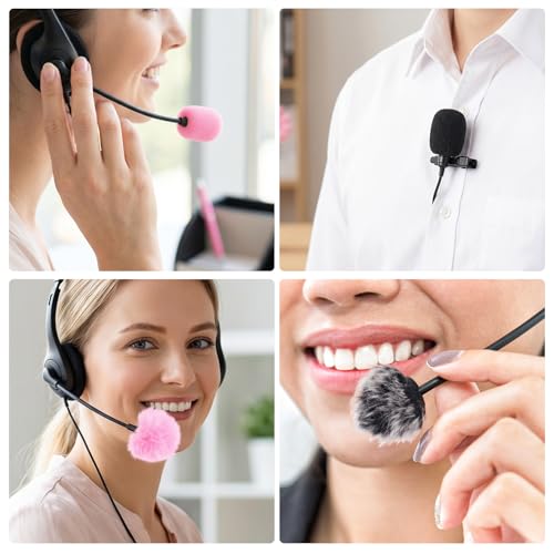 PAGOW 6 Pcs Mini Foam Microphone Windscreens ＆ Furry Cover, High Density Mic Headset Cover, Lapel Microphone Windscreen for Lavalier Microphones Noise Reduction (4pcs Foam + 2pcs Furry) - Black, Pink - color: Black,Pink,Foam(4pcs),Furry(2pcs)