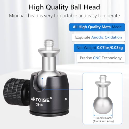 ARTCISE Mini Metal Ball Head (2 Pack) with 1/4" Screw and Removable Hot Shoe Mount, 360 Degree Rotatable Aluminum Tripod Head，Compatible with Cameras, Smartphone/iPad Mounts, Maximum Load 2kg/4.4 lbs