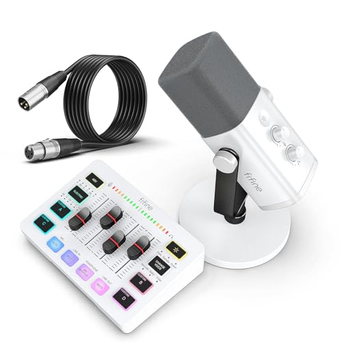 FIFINE Gaming Equipment Bundle, XLR/USB Streaming Dynamic Microphone with Audio Mixer Set, Podcast Recording Mic with Gain Knob, PC Mixer with Slider Fader Kit for Video, Game Voice-Ampligame KS5W - color: White