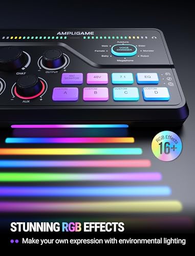 Fifine Gaming Mixer for Voice Chat and Streaming- 7.1ch Surround Sound Headphone Amp-XLR Preamp-USB Plug & Play-Voice Changer-RGB-Volume Control-3 EQ Modes Ampligame SC8