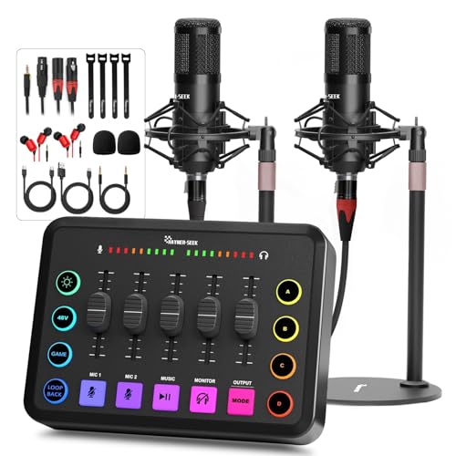 Podcast Equipment Bundle for 2, RGB Audio Interface with XLR Condenser Microphone, and 3.5mm Mic, Mute,48V Phantom Power for Streaming,Gaming,Recording-Black (H1) - color: HS-H1-2