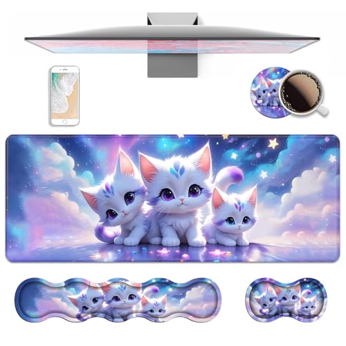 4 in 1 Ergonomic Keyboard Wrist Rest & Mouse Pad Wrist Rest Set, Large XXL Gaming Desk Mat 31.5"x 11.8" with Non-Slip Base, Memory Foam for Home Office Study Gaming, Cute Cat - color: Cute Cat