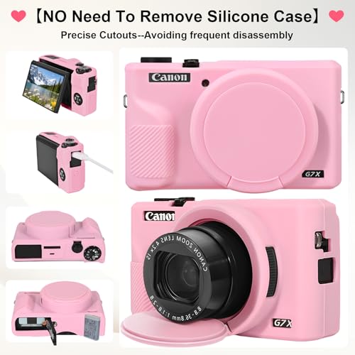 Elonbo Camera Case for Canon PowerShot G7X Mark III Digital Camera, G7X Mark III Hard Carrying Case + Soft Silicone Cover with Removable Lens Cover, Pink - color: Pink