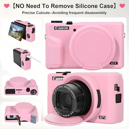Elonbo Camera Case for Canon PowerShot G7X Mark III Digital Camera, G7X Mark III Hard Carrying Case + Soft Silicone Cover with Removable Lens Cover, Pink - color: Pink