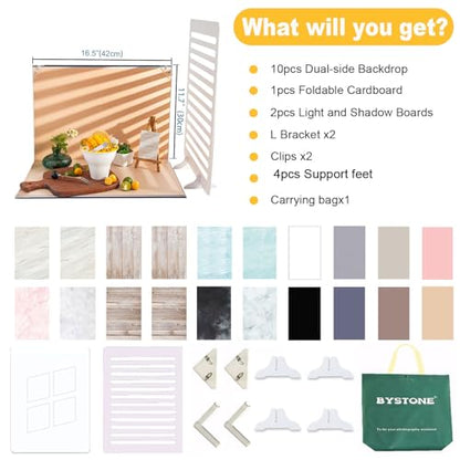 Tabletop Photo Background Kit for Small Product Photography, 10 Pcs 20 Patterns Backdrop Papers with Blind & Grid Shadow Props, 16.5 x 11.7 in for Food, Jewelry, Beauty & UGC Photos