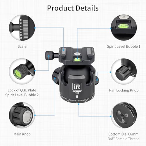 Low Profile Tripod Ball Head-INNOREL N52, Black, Panoramic CNC Metal Camera Tripod Ball Head with Two 1/4" Screw Arca Swiss Quick Release Plates for Tripod, Monopod,DSLR,Camcorder, Max Load 66lbs/30kg - size: N52-Black