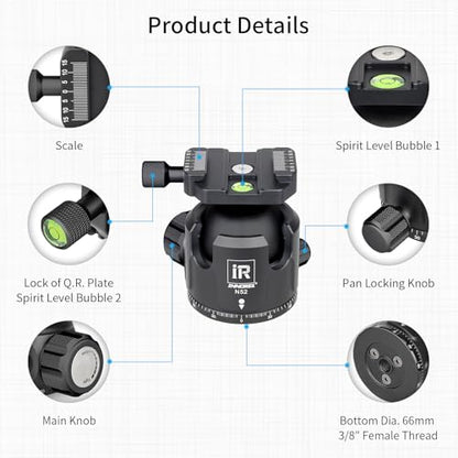 Low Profile Tripod Ball Head-INNOREL N52, Black, Panoramic CNC Metal Camera Tripod Ball Head with Two 1/4" Screw Arca Swiss Quick Release Plates for Tripod, Monopod,DSLR,Camcorder, Max Load 66lbs/30kg - size: N52-Black