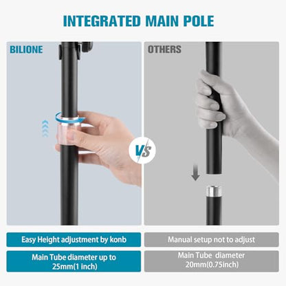 BILIONE Microphone Stand with Weighted Base, Mic Floor Stand Boom Arm with Mic Accessory Tray, Microphone Clip Holder, 3/8" to 5/8" Screw Adapter, Cable Ties