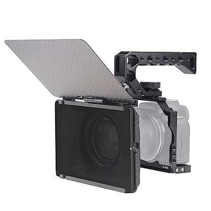 FocusFoto Camera Cage for Canon EOS R10 Mirrorless Camera, Aluminium Video Rig with NATO Rail, Cold Shoe, 1/4" Screw Mouting, 3/8"-16 Locating Pins for Arri Grip, Quick Release Plate for Arca Tripod