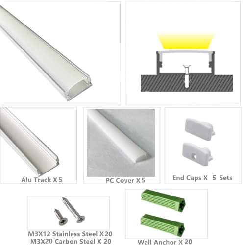 5-Pack Pre-Drilled Countersunk Hole 3.3FT/100CM LED Strip U Channel Diffuser, Hacksaw Easy Cut Flush Mounted Under Cabinet Tape Light Aluminum Track Low Profile with Mounting Spares