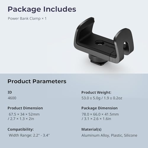 SMALLRIG Universal Power Bank Holder with Cold Shoe Mount, Adjustable Power Bank Clamp Mount for Camera Rig and Phone Cage and Handle - 4600 (Pack of 2) - size: 67.5 x 34 x 52 mm (2.7 x 1.3 x 2 in) (Pack of 2)