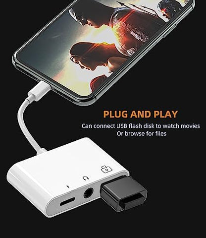 3.5mm Headphone to Lightning Jack USB Charger AUX 3in1 Cable Dongle Iphone Audio OTG Adapter for Apple 14 13 12 11 Pro Max Xr X 8 7 Plus Ipad Camera Mouse Keyboard Memory Stick Flash Drive Card Reader