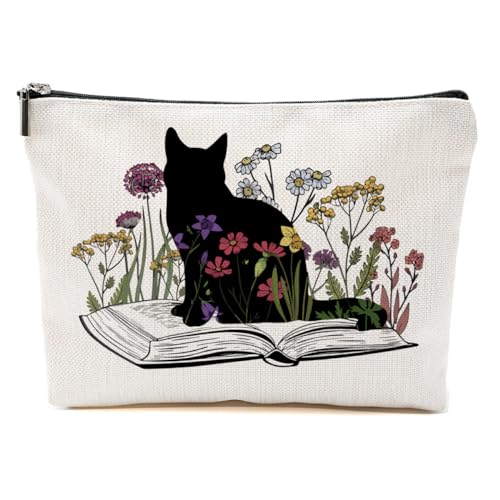 Cat Gifts for Women, Book Lovers Cosmetic Bag, Multicolor Floral Zipper Travel Makeup Bag - color: Book Flower Cat