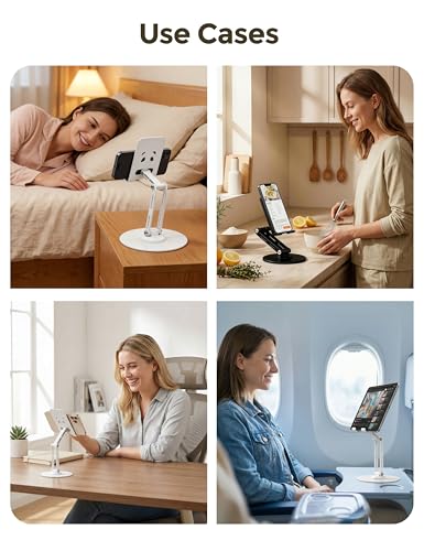 All-Metal Desk Phone Stand, 360° Rotating, 4-8" Phones & Tablets | Carbon steel base, dual-pole adjustment, panda face anti-slip pads, hex key, scratch-proof, heat-dissipating, case-friendly - color: white