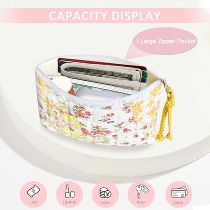 Cotton Quilted Floral Coin Purse Digital Camera Pouch with Cute Prints Zipper for Women Girls (YELLOW DISTY PATCH) - color: YELLOW DISTY PATCH