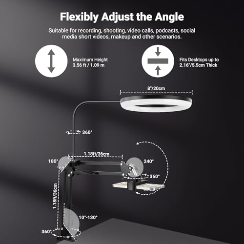 NEEWER Entry Level Version N41 8" LED Ring Light with Desk Clamp Stand/Remote, Overhead Phone Mount Holder Compatible with iPhone, Streaming Video Recording Selfie Nail Tech Food Photography Lighting