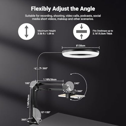 NEEWER Entry Level Version N41 8" LED Ring Light with Desk Clamp Stand/Remote, Overhead Phone Mount Holder Compatible with iPhone, Streaming Video Recording Selfie Nail Tech Food Photography Lighting