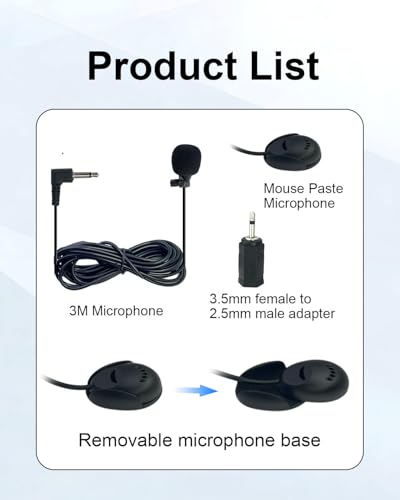 3.5mm Car Stereo Microphone, Vehicle External Handsfree Radio Mic Replacement with 2.5mm Adapter for Pioneer Boss JVC Jensen Head Unit Car Stereo Enabled Audio GPS DVD CD, 3M Cable