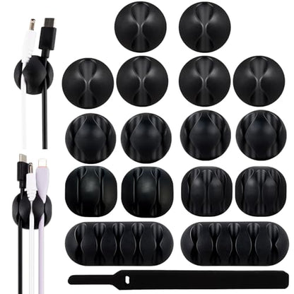 Adhesive Cable Clips Organizer 16 Pack Black Cord Holders for Desk Under Computer, Strong Sticky Wire Management Clips for Home Office TV Car Mouse Nightstand Accessories